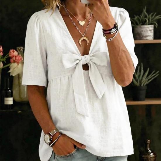 Women Shirt Pure Color Loose Fit Commuting Style Casual Tops Front Bowknot Decor Summer Pullover Tops