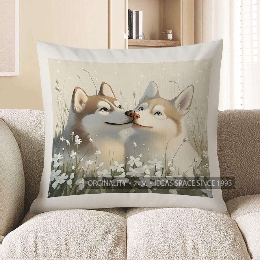 Home Decor Cute Husky Couple In Flower Garden Pillow Cover Pattern Cushion Cover Suitable For Sofa Bedroom Car Pillow Cover