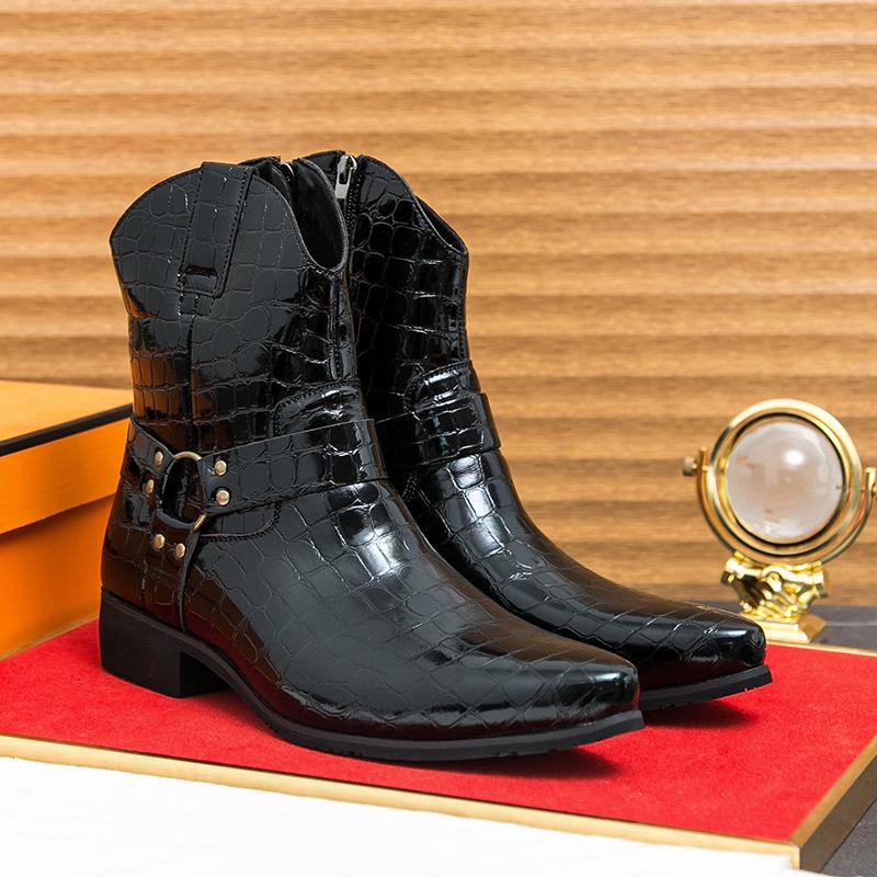 Men's High-Top Retro Embossed Leather Boots with Side Zipper - Plus Size Autumn/Winter British Martin Style.