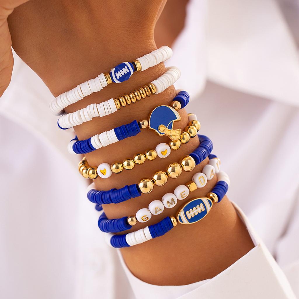 Accessories Super Bowl Alphabet Soft Pottery Beaded Bracelet, Fashion Rugby Pendant Bracelet Set Women