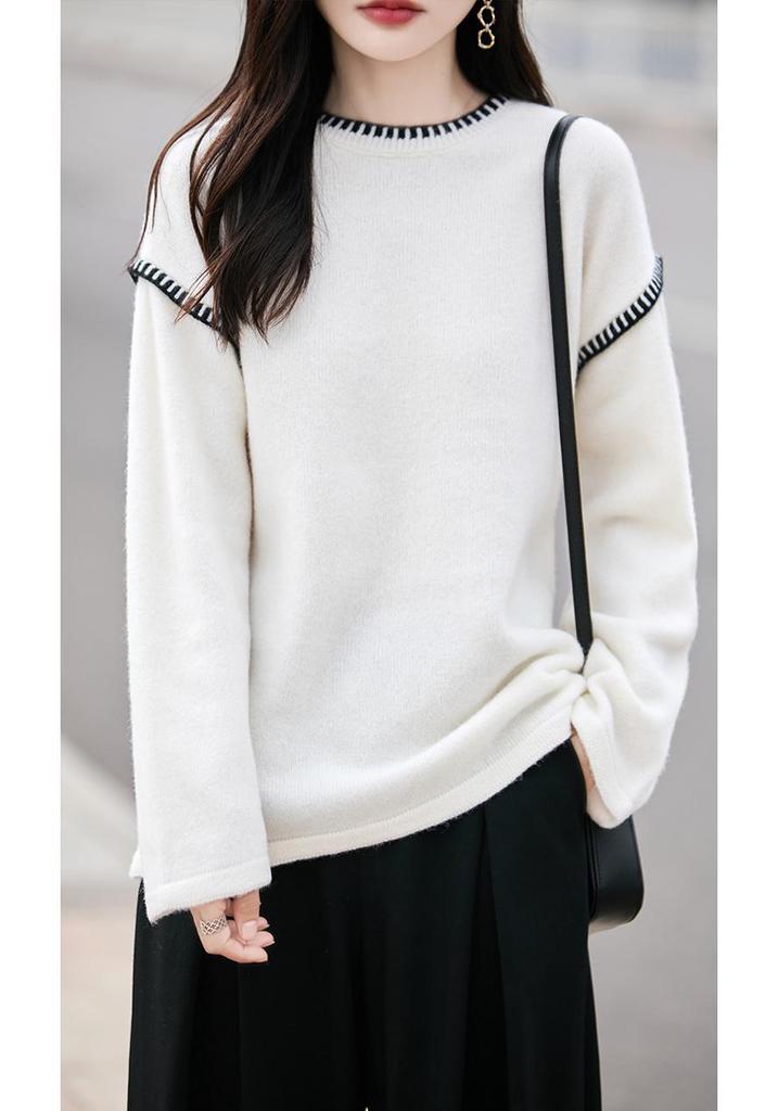 Women's Autumn/Winter Hand-Stitched Contrast Color Wool Pullover Sweater