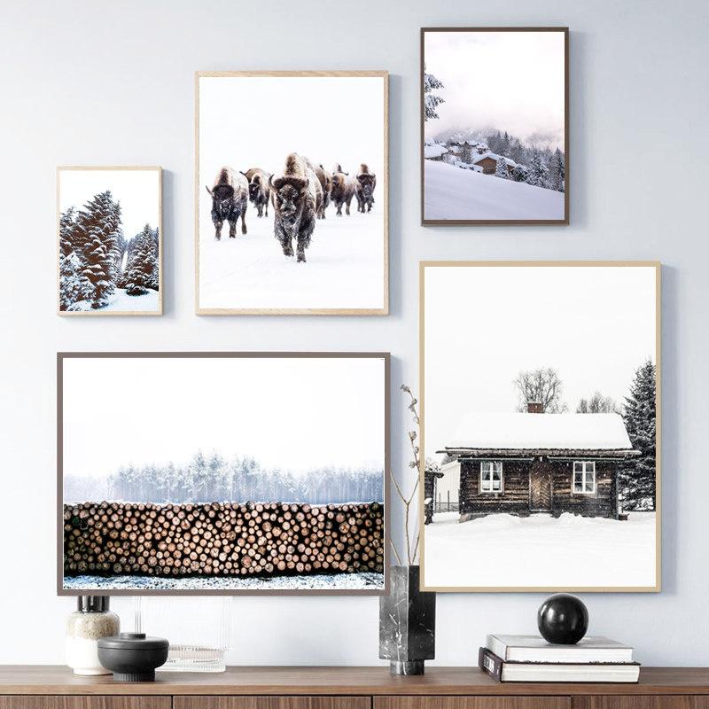 Scandinavian Poster Christmas Home Decor Wall Art Canvas Painting Winter Wooden House Picture Nordic Art Living Room Decoration