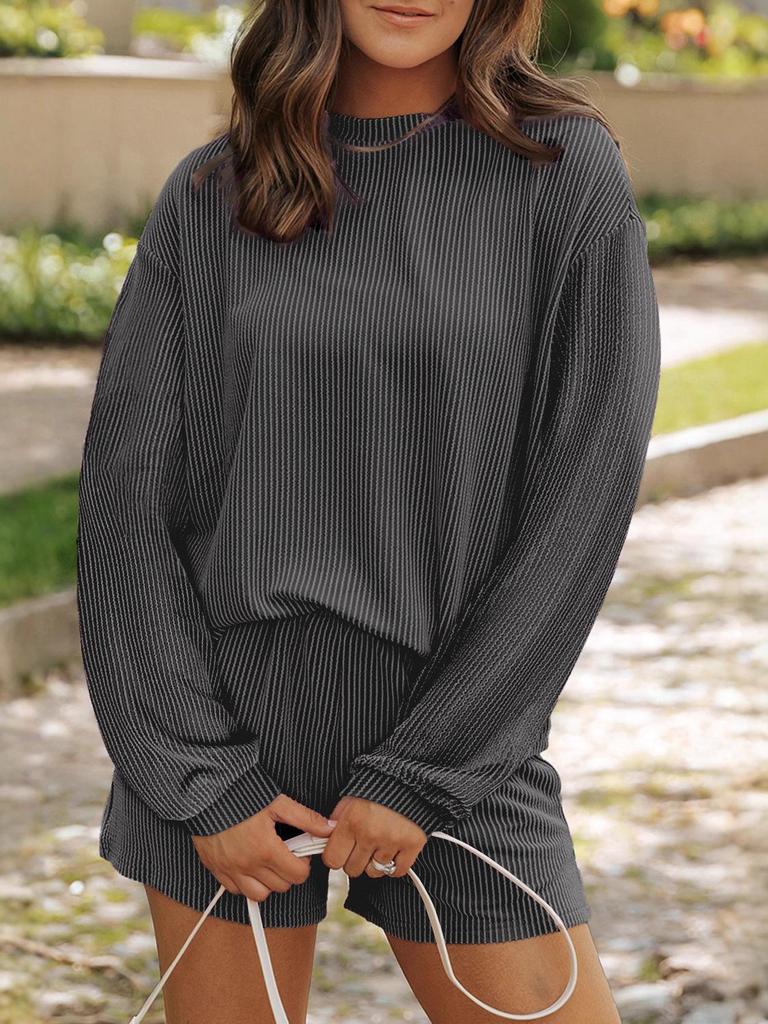 2026 Spring Casual Women's Striped Long-Sleeve Top and High-Waist Shorts Set, European and American Style