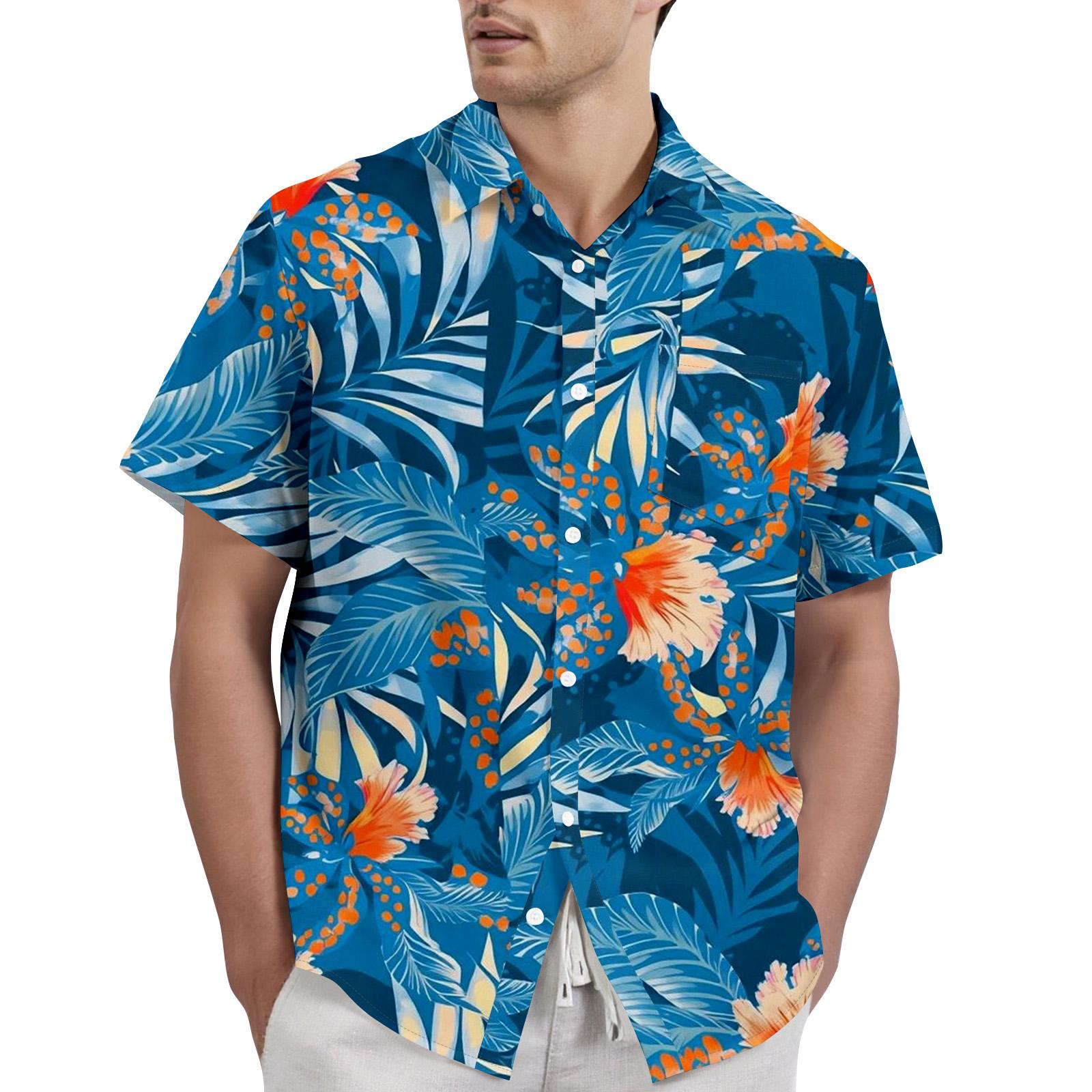 Men s Casual Short Sleeve Button Down Shirt Tropical Palm Tree and Windsurf Print Lightweight Beach Shirt for Summer XXXL синий