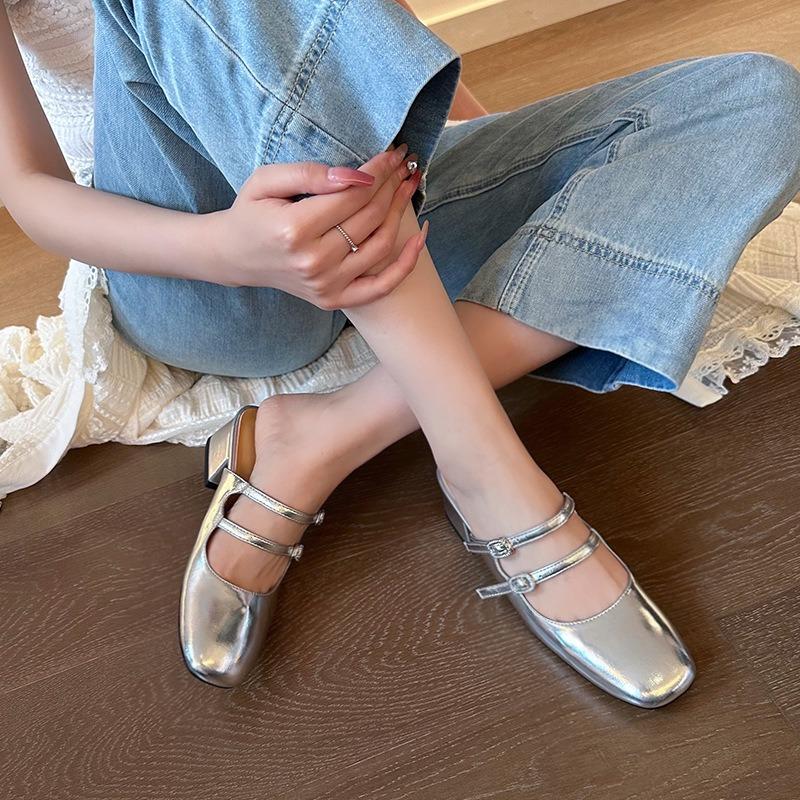 Sheepskin Version Silver Thick Heel Mary Jane Shoes Women's New Square Head Light Mouth One-word Buckle Strap Single Shoes Women's High Heels