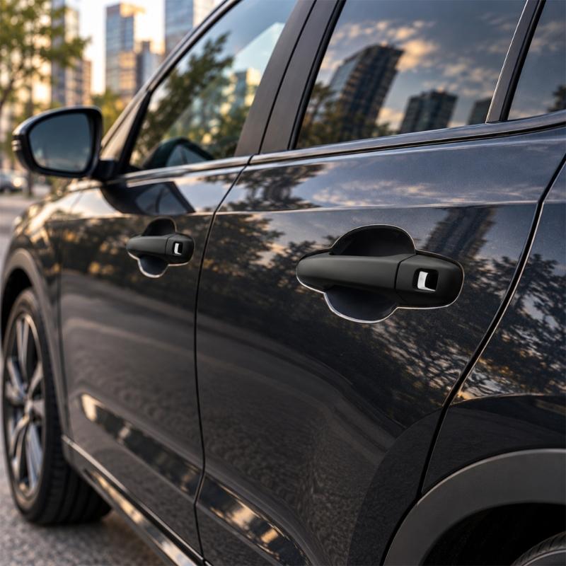 Exterior Door Handle Covers, Black Plastic Trim Set with Attached Adhesive Strips and Separate Sections for Different Handle Positions