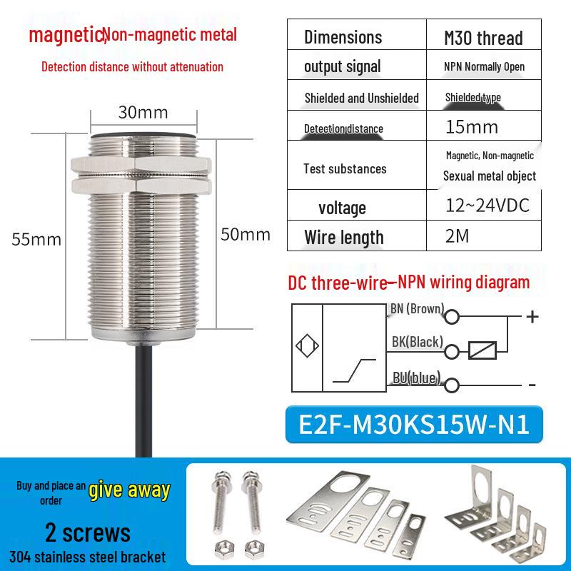 ZanIP68 Waterproof Metal Sensor: Detects Copper, Aluminum, Steel Distance with No Attenuation, NPN Normally Open, PNP