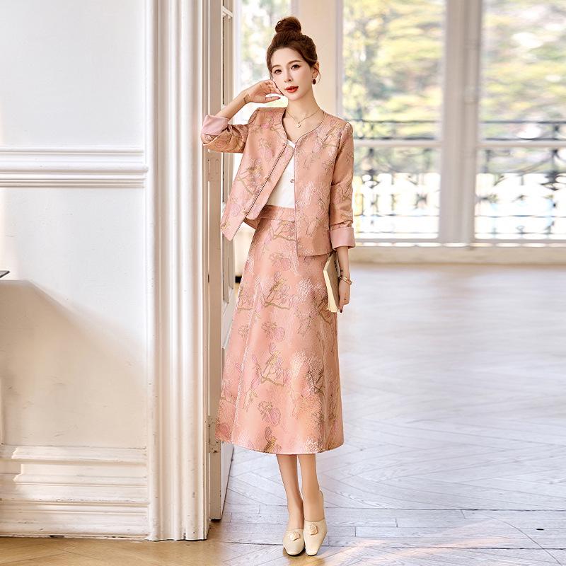Set Rochie Două Piese Fustă și Articol Exterior Satin Jacquard Chinezesc Primăvară 2025