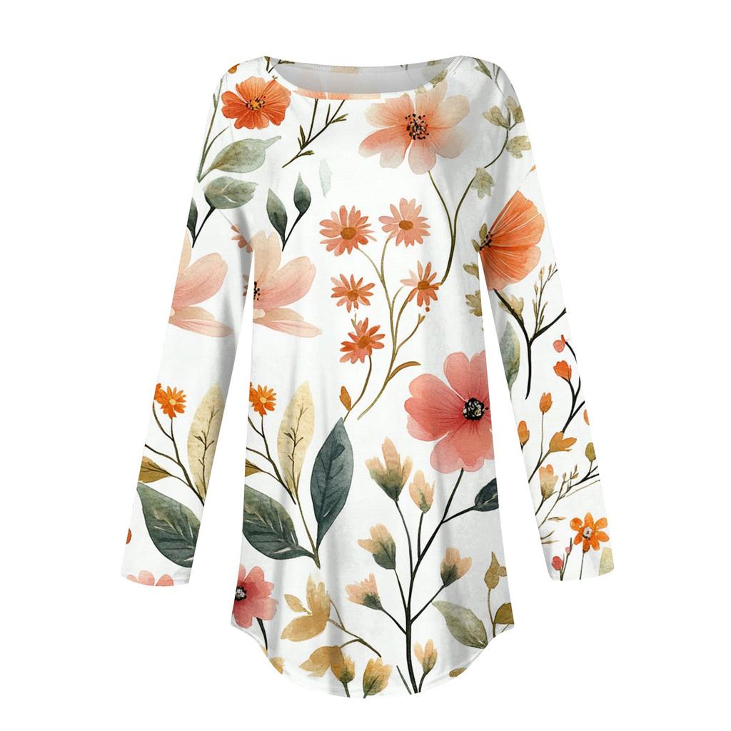 Women's Fashion Casual Round Neck Floral Long Sleeve T-shirt Pullover Long Sleeve Top