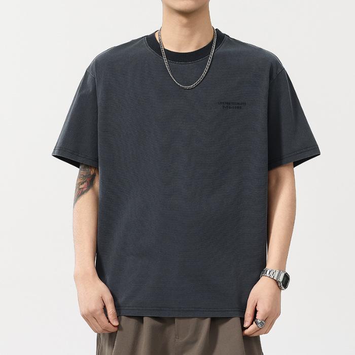 Summer Thin 250g Men's Retro Back English Design Trendy Round Neck T-shirt Short Sleeves