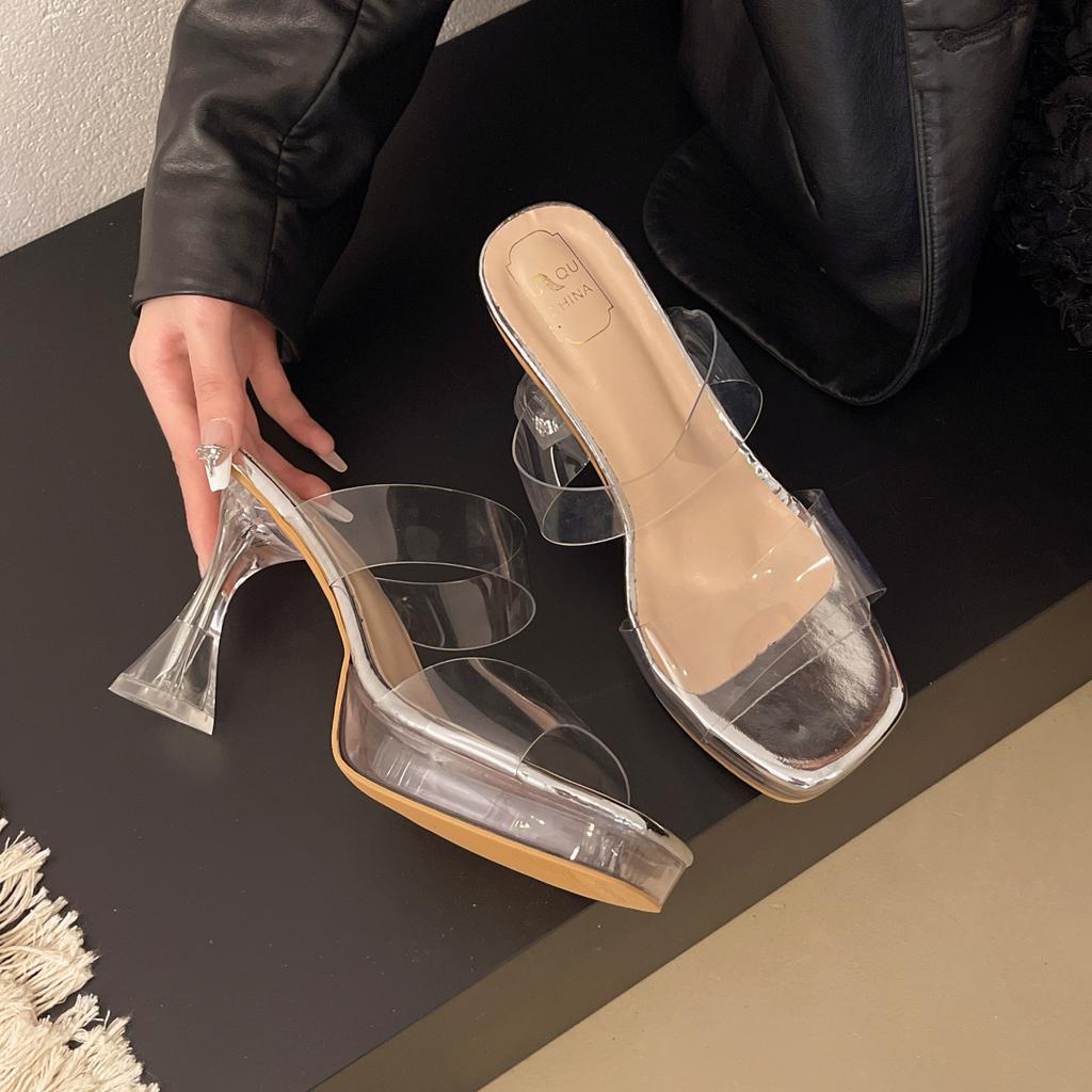 Thick-bottomed waterproof table transparent one-word with high-heeled slippers women's 2025 summer wear crystal and thick-heeled cool slippers
