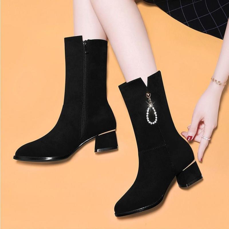 Black Middle Heel Rhinestone Ladies Mid Calf Shoes Autumn Winter Fleece-Lined Hot Fashion 2025 On Offer Women's Half High Boots