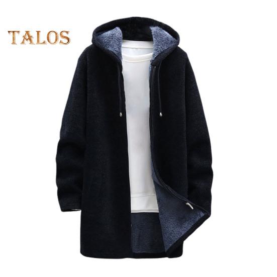 Men Winter Coat Hooded Drawstring Long Sleeve Plush Lining Mid-length Knitting Coat Zipper Placket Thickened Knitwear