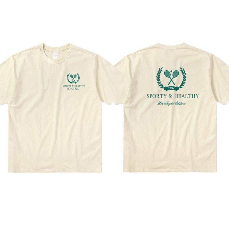 Niche American Vintage Sports Style Wheat Racket Letters Age-Reducing Campus Ins Apricot Pure Cotton Short Sleeve T-shirt Women