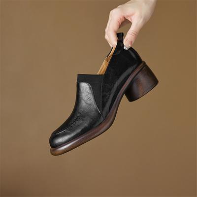 Mode Nouvel Automne Cuir Véritable Femmes Escarpins Mode Bout Rond Chaussures pour Femmes Mocassins à Talons Épais Zapatos De Mujer Chaussures pour Femmes Marron