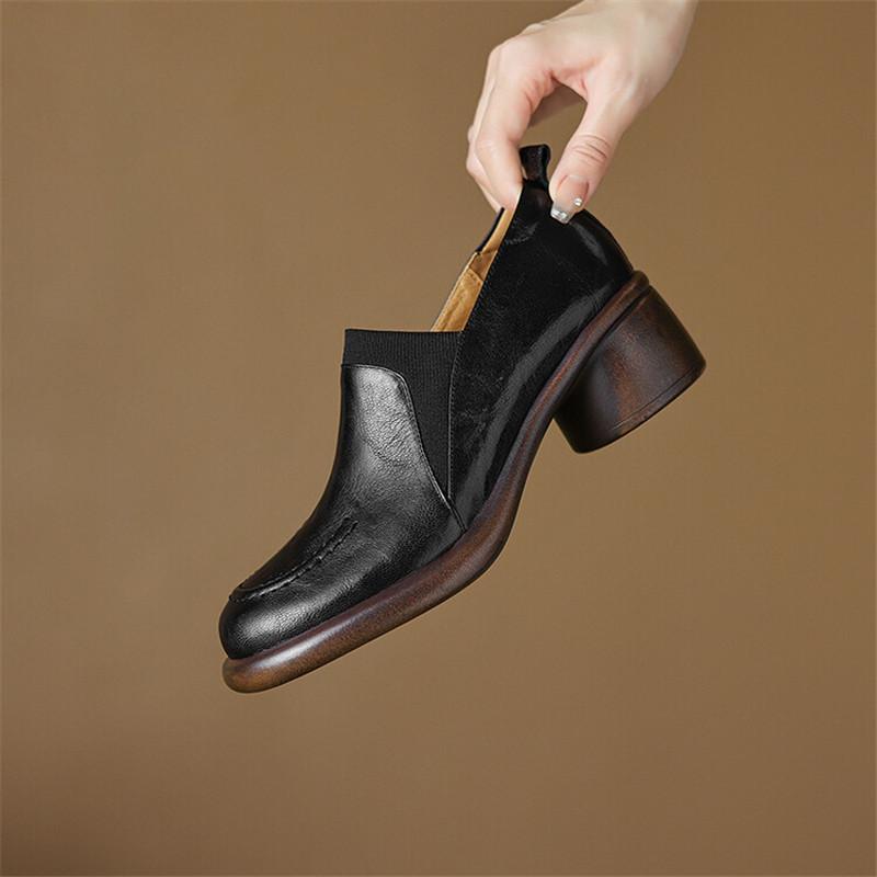 Fashion New Autumn Genuine Leather Women Pumps Fashion Round Toe Shoes for Women Chunky Heel Loafers Zapatos De Mujer Women Shoes Brown