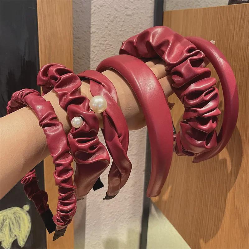 Ankola Red Leather High Skull Headband - Korean Retro Autumn/Winter Ladies' Hair Accessory