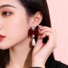 Retro Red Flocked Bow Pearl Earrings with Full Diamond Shine - Elegant New Year Fashion