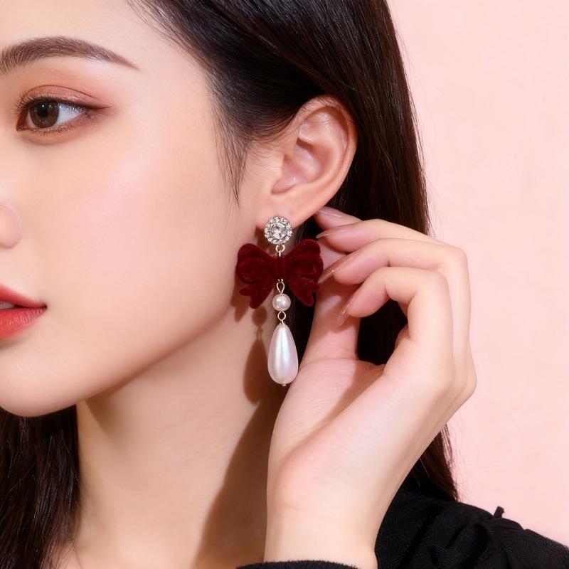 Retro Red Flocked Bow Pearl Earrings with Full Diamond Shine - Elegant New Year Fashion