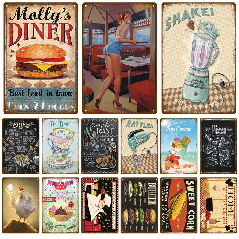 Poster Segno di Latta Retro DINER Poster Murali Vintage Segno Metallico Piatto Decorativo da Parete Placca da Cucina Accessori Decorativi Vintage in Metallo
