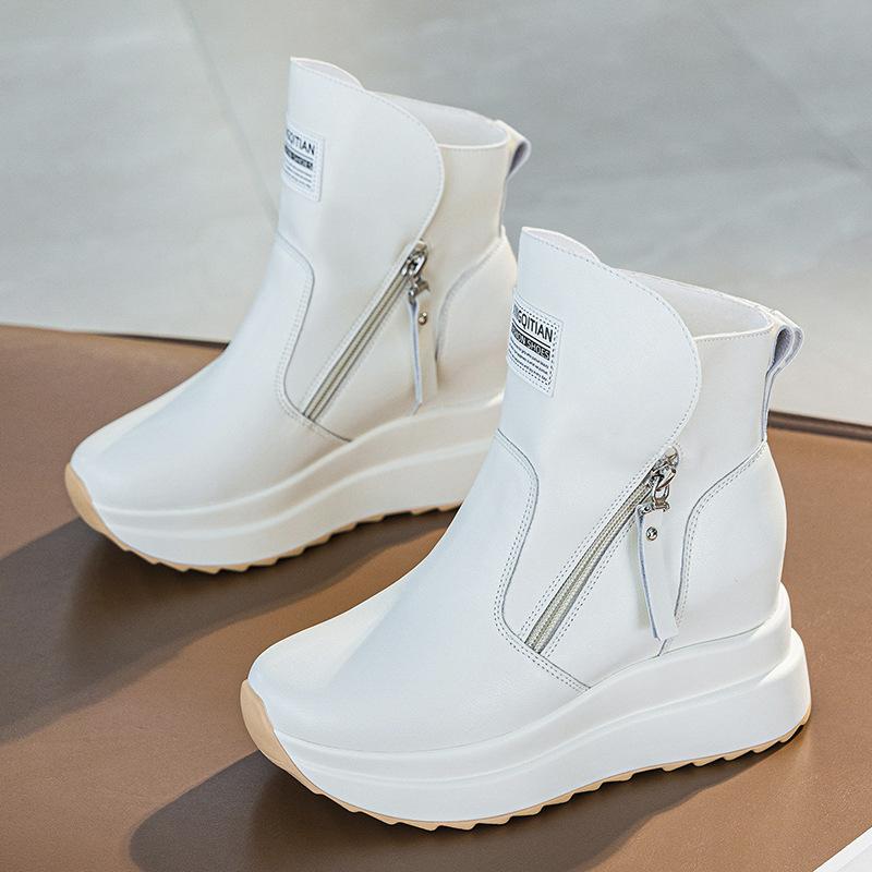 Fashion 9CM White Black Women Ankle Boots Platform Wedge Heel Booties Shoes Microfiber Leather Fashion Sneakers Shoes High Top