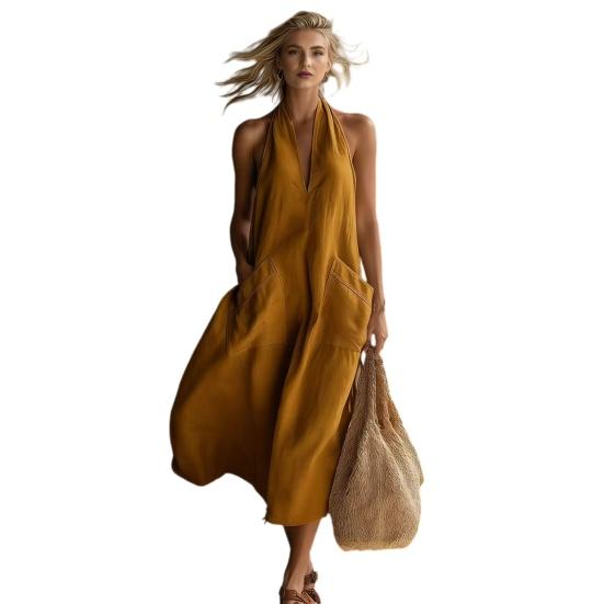 

Summer Dress for Women Casual Deep V Neck Halter Sleeveless Long Dress Beach Vacation Flowy A-line Dress with Pockets M темно-оранжевого