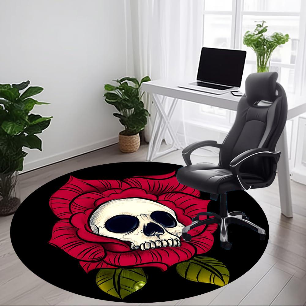 1pc Skull Rose Office Round Area Rug,  Mat Suitable For Office, Under Office Chairs Bedroom Living Room Home Decor, Room Deco