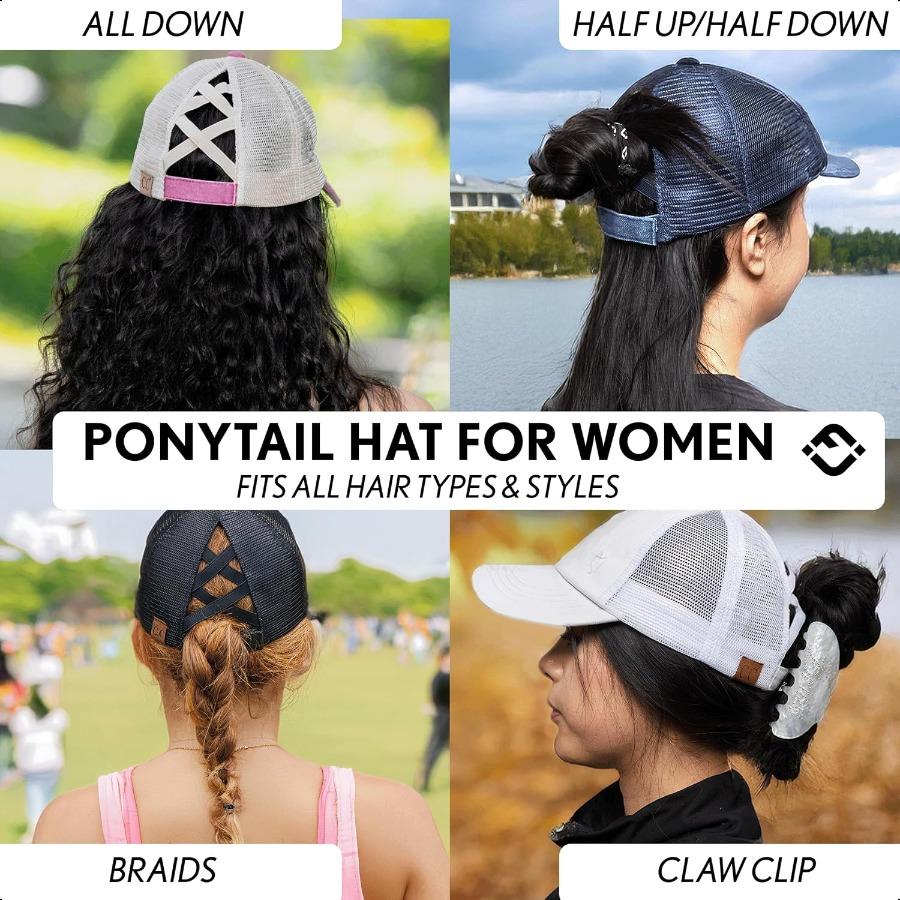 Funky Junque Ponytail Hat for Women Baseball Cap with Adjustable Fit High Pony Tail Criss Cross Back for Everyday Wear