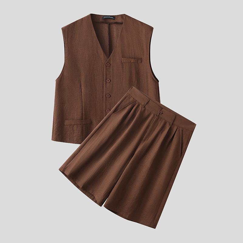 

INCERUN Two Pieces Men Summer Sleeveless Waistcoat and Loose Shorts Outfits Sets L коричневый