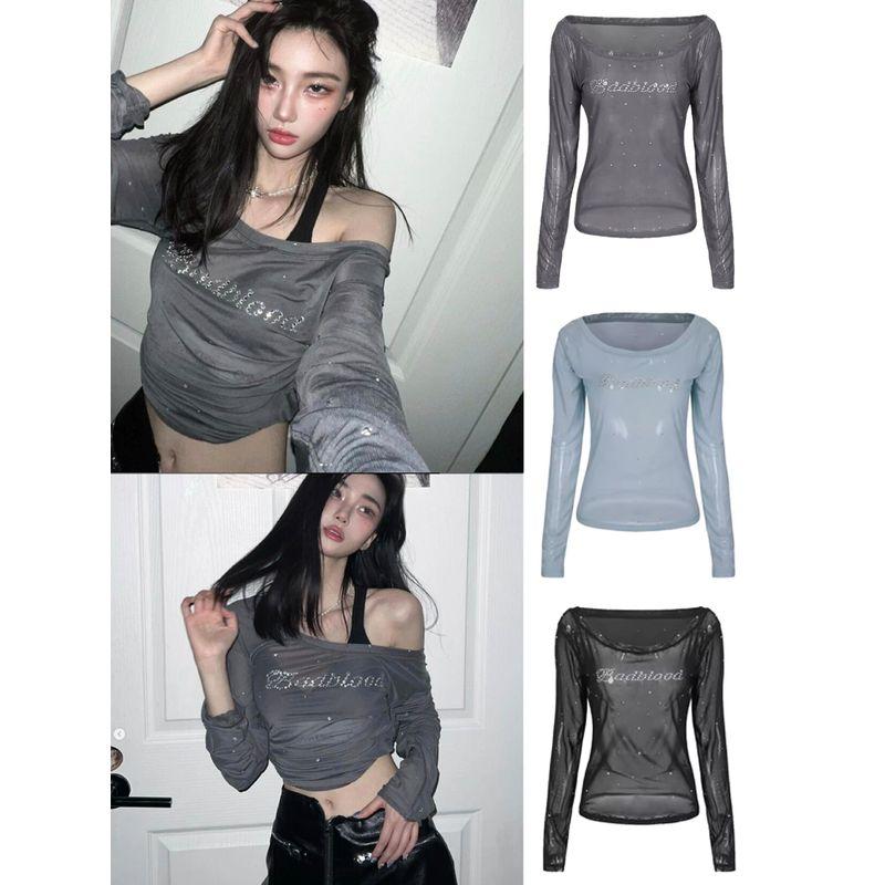 Badblood American Sexy Hot Drilling Mesh T-shirt Female Sheer Long Sleeve Sexy off-the-Shoulder Casual Niche Top