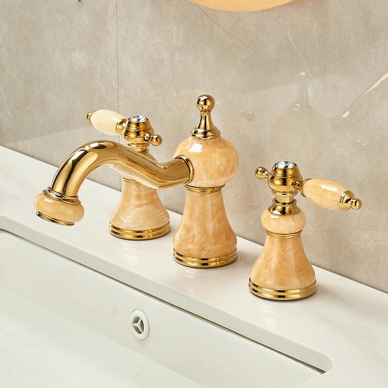 Basin Faucet Gold Brass Jade Bathroom Sink Faucet 3 Hole Widespread Basin Mixer Double Handle Hot And Cold Water Tap New Arrival