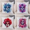 Vibrant Dahlia Sugar Skull Pillowcase Double Print Red Rose Skull Cushion Cover Soft Plush Pastel Floral Skull Pillowe Case