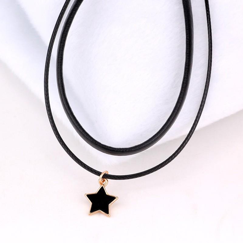 Japanese-Style Harajuku Pentagram Choker - Women's Double-Layer Black Leather Clavicle Chain Necklace