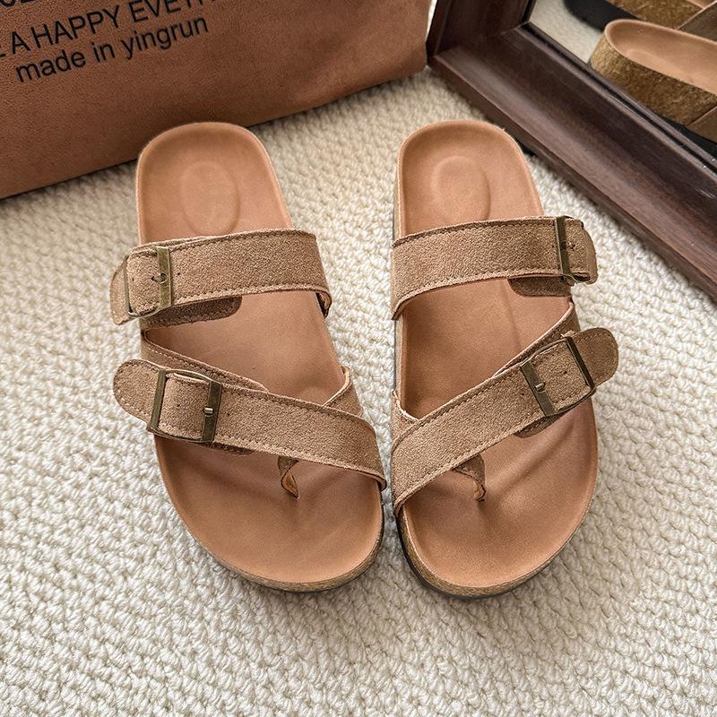 

Женские шлепанцы на платформе 2025 лето новые ретро матовые пробковые сандалии нескользящие шлепанцы на одной перемычке 40 коричневый