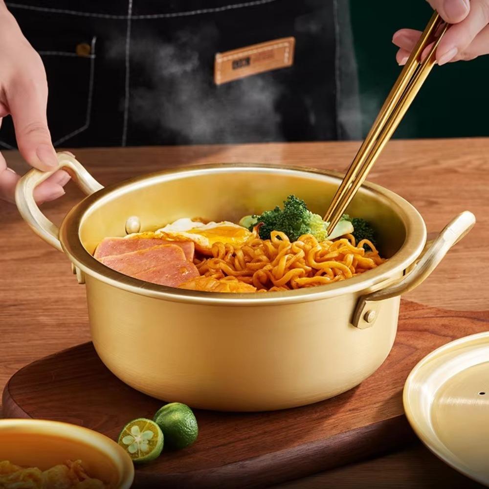 Gold Ramen Noodle Pot Double Ears with Lid Easy To Clean Soup Hot Pot Universal Aluminum Noodle Cooking Pot Induction Cooker Gas