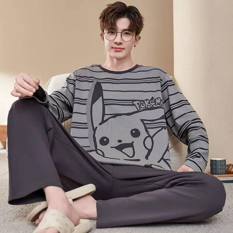 Set de pijama de desene animate pentru bărbați mărime plus: Mânecă lungă, Subțire, pentru Primăvară, Toamnă și Iarnă - Haine de casă pentru Adolescenți și Studenți.