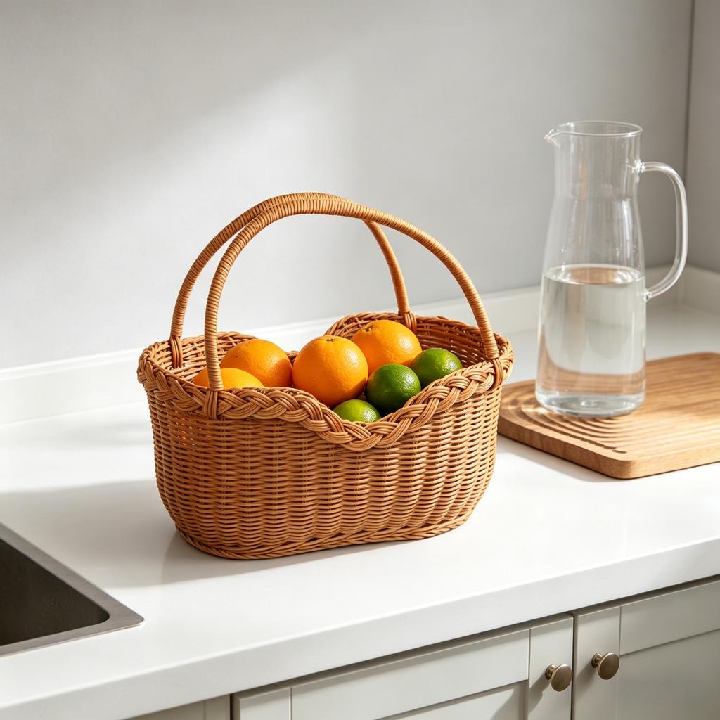 Handwoven Imitation Rattan Picnic Vegetable Shopping Harvest Basket Handle Rustic Style Portable Basket for Home Garden Decor