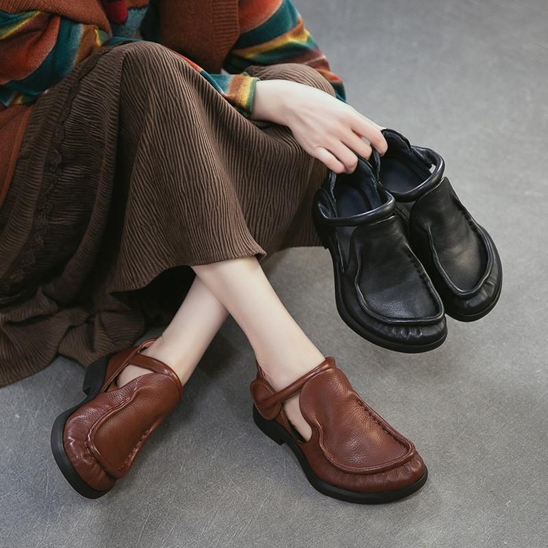 Johnature Sandales de Ville en Cuir Véritable Rétro Polyvalentes Peau de Vache Bout Rond Petit Talon Chaussures pour Femmes