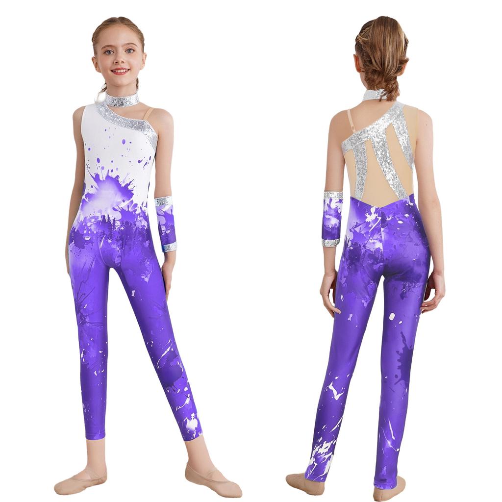 Girls Shiny Sequins Printed Gymnastics Jumpsuit: Sleeveless Asymmetrical Bodysuit Full Length Leotard 1Pc Glove for Figure Skating Dance Performance