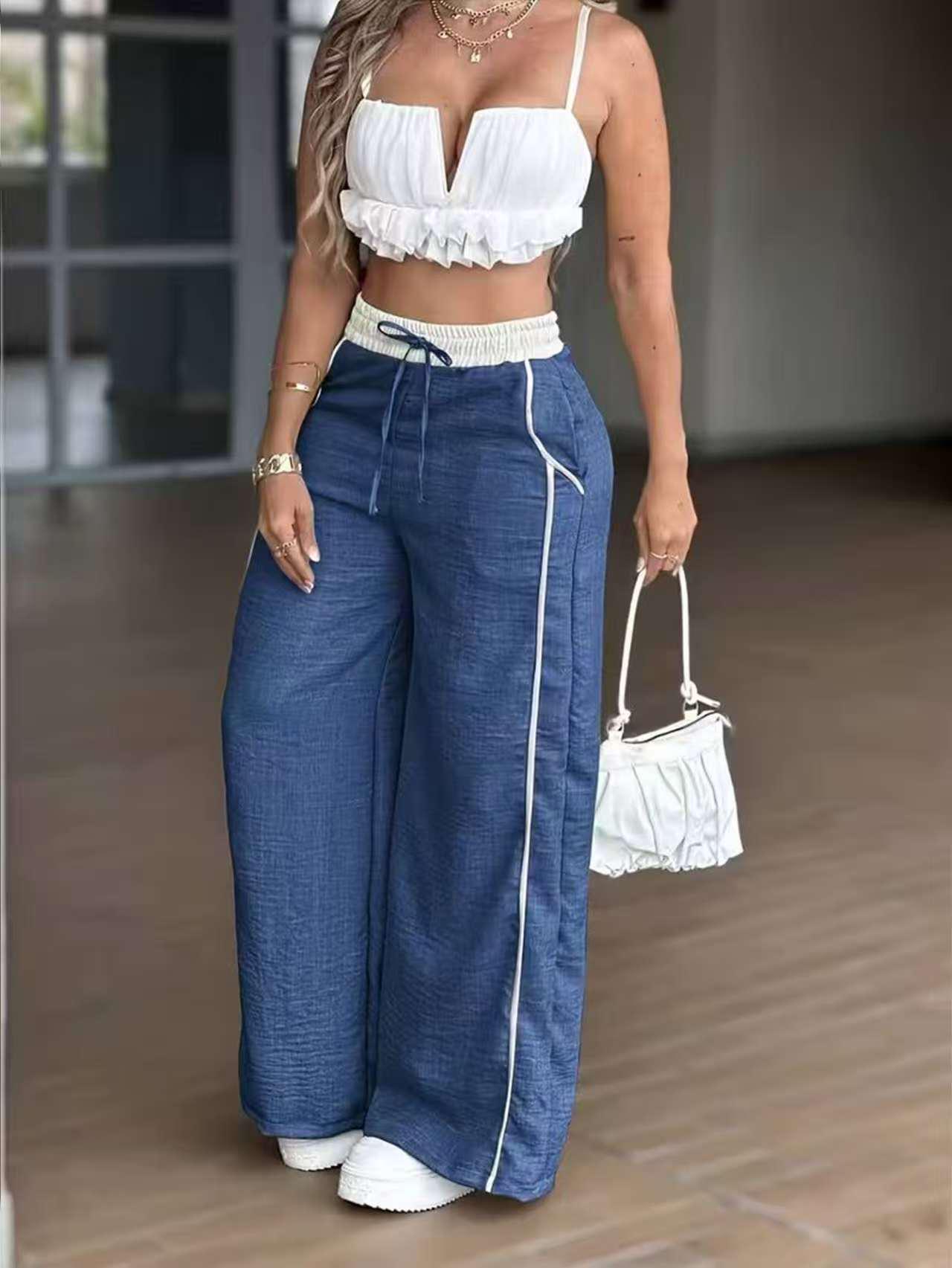 Women s Color Block High-Waisted Wide-Leg Pants with Pockets Double Extra Large синий
