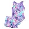 Girls Printed Gymnastics Dance Outfit Sleeveless Patchwork Leotard Jumpsuit Elastic Waist Shorts Suit Performance Practice
