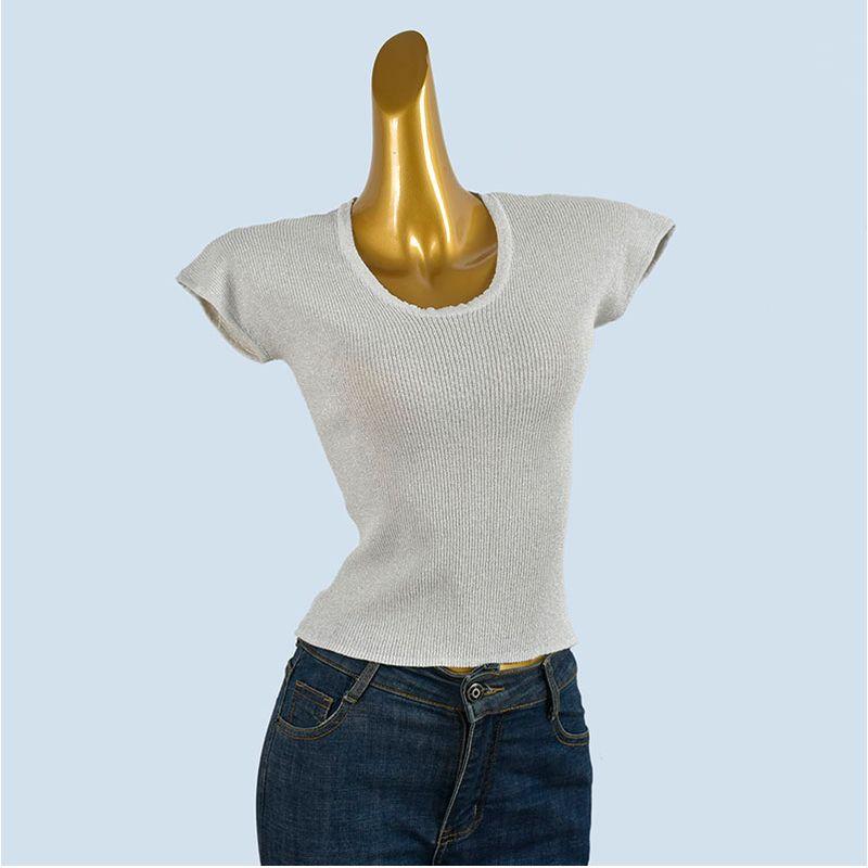 French Style Temperament Slim Fit Short Sleeve T-shirt Women Small Flying Sleeve Summer Thin Sweet Knitted Short Simple and Versatile Top