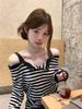 Autumn 2026 Off-Shoulder Striped Long-Sleeve Women's T-shirt - Loose Fit & Slimming Design