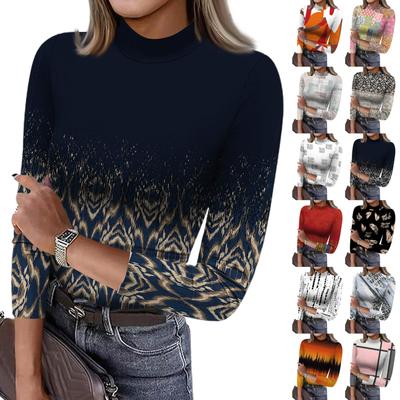 Women's Slim Bottom T-shirt Fashion Casual Gradient Printing Round Neck Pullover 3/4 Sleeve Top