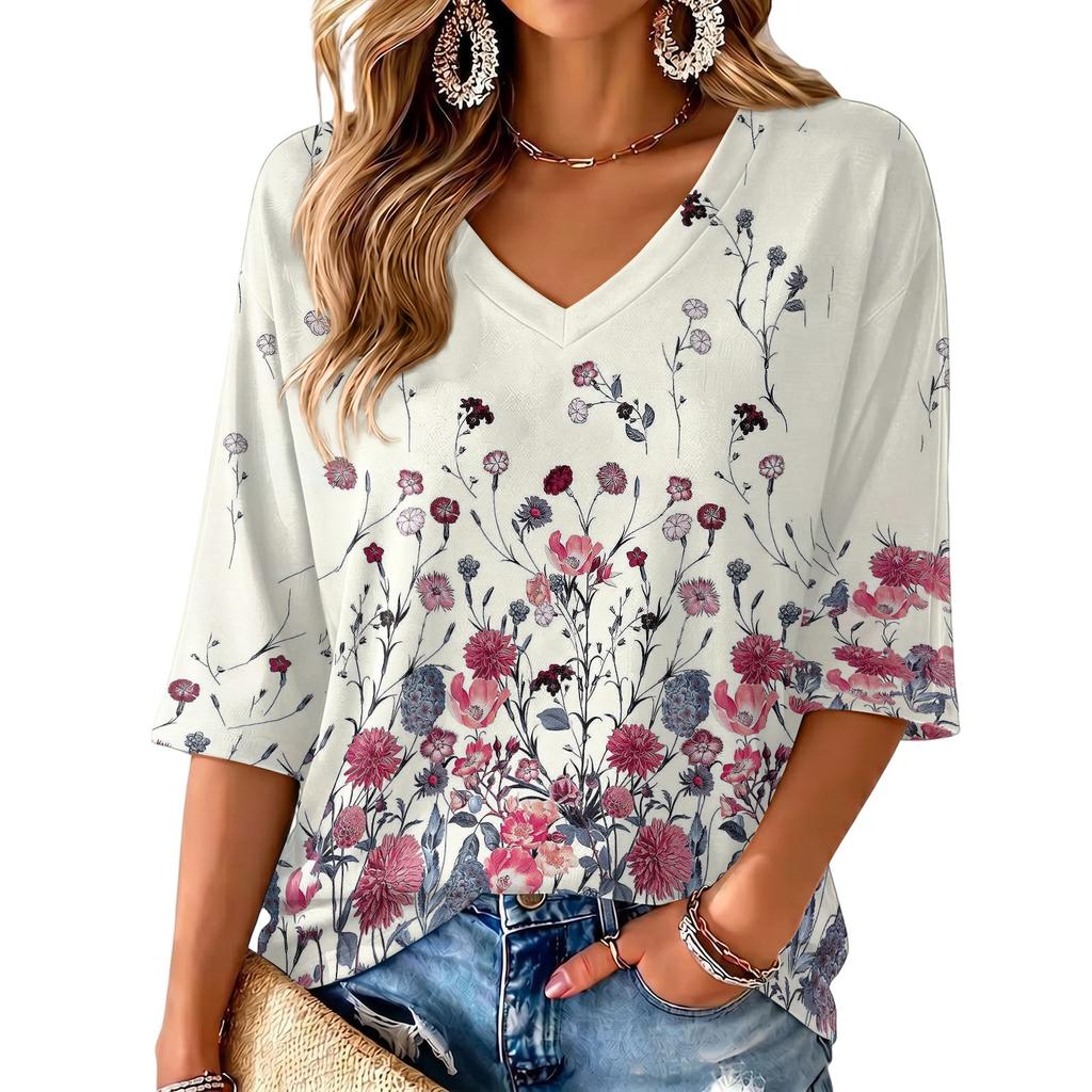 Women's Floral Print V-Neck Blouse Lightweight for Spring and Summer
