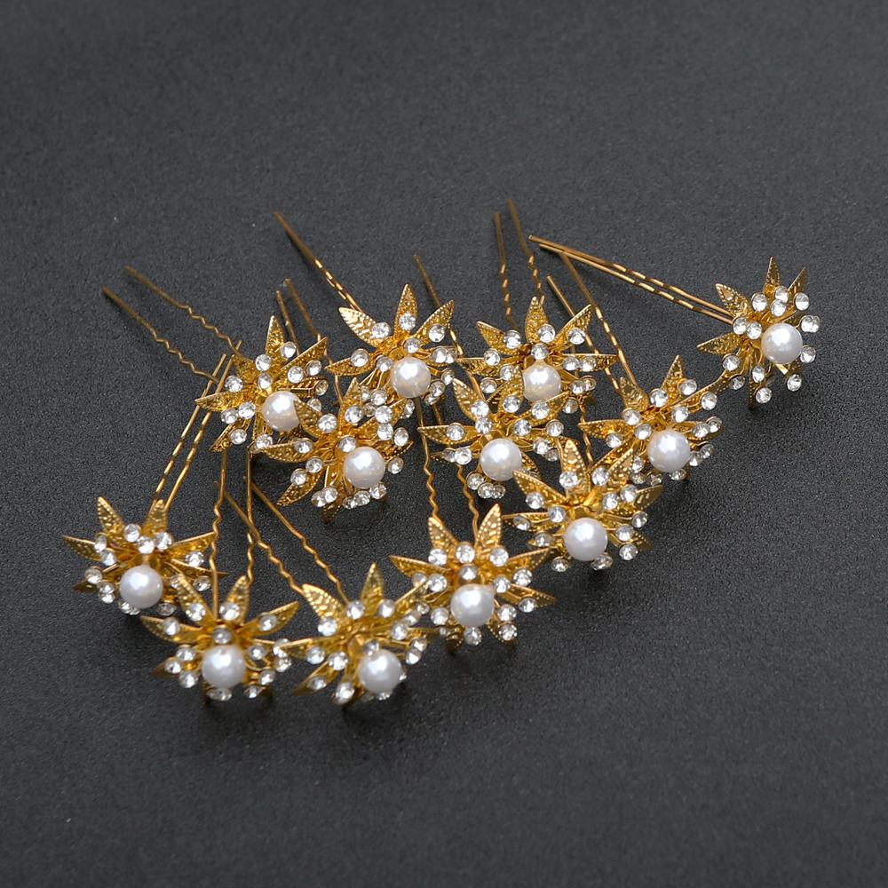 12pcs Delicate Fashion Bridal Headpiece U-Shaped Pin Pearl Flower Hairpin Women Hair Fork Coiled Hair Accessory Hairpin
