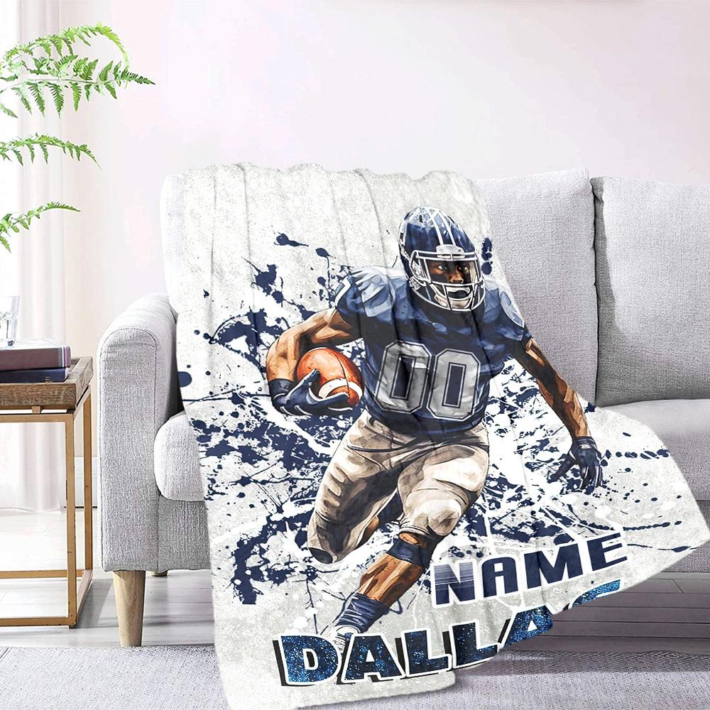 Dynamic Dallas Football Player In Action Throw Blanket Customize Your Name Soft Warm Cozy Great For Sofa Couch Office Bed Picnics Four Seasons