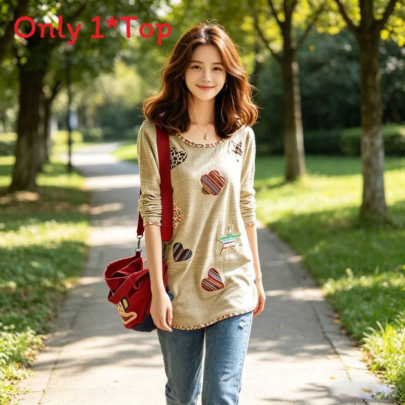 T-shirt da donna a maniche lunghe con scollo rotondo e fantasia floreale, abbigliamento casual per la primavera e l'autunno