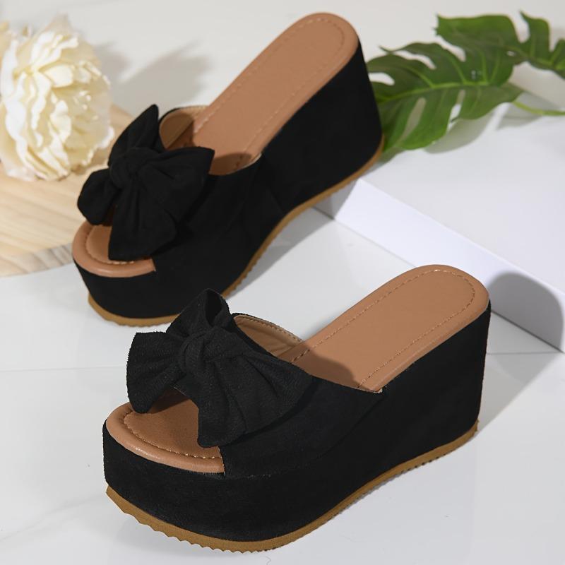 Stylish Comfortable Leopard Print Wedge Sandals - Women's Slip-On Platform Heels with Bowknot