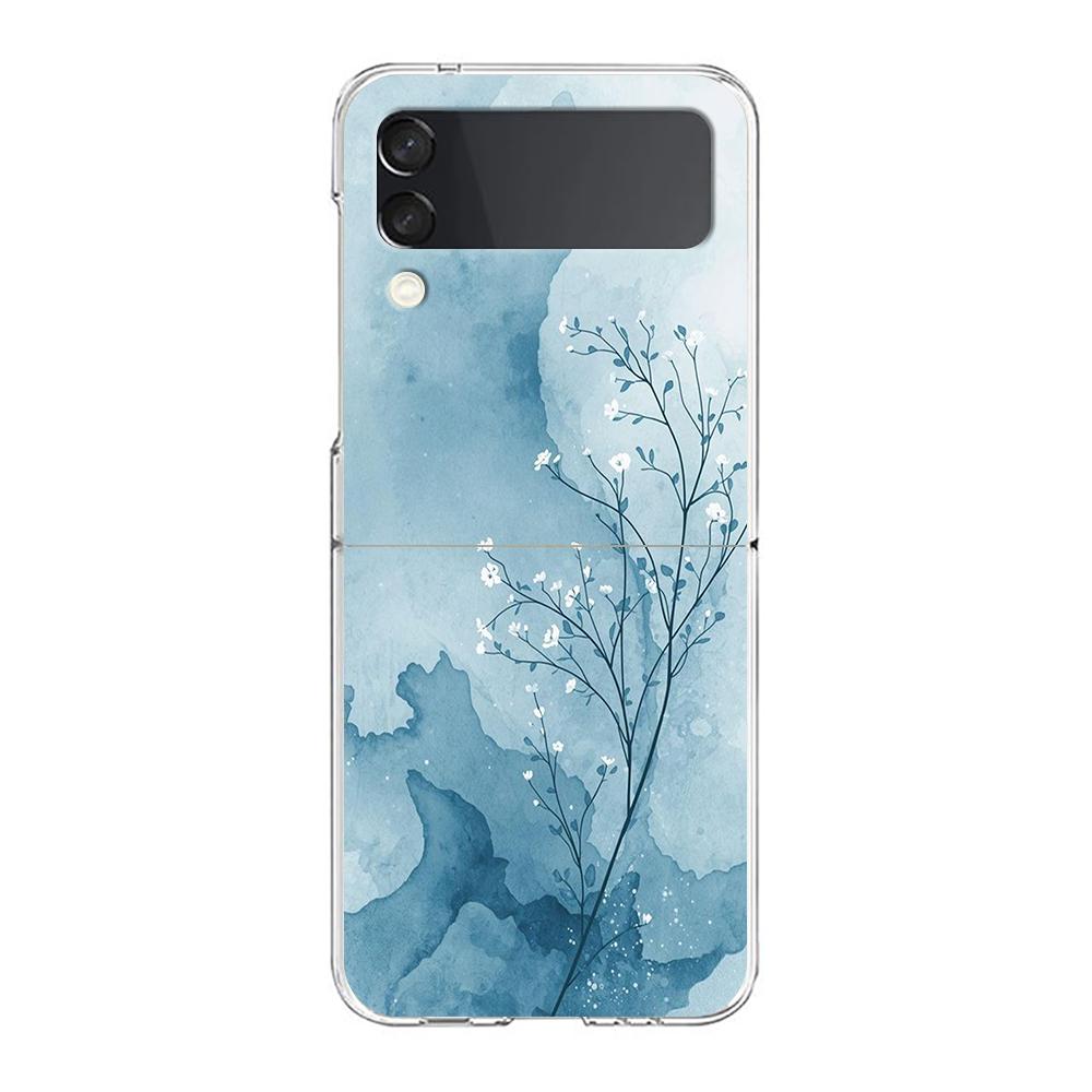Transparent Phone Case For Samsung Galaxy Z Flip 3 4 5 6 7 Hard Folding PC Z Flip3 Flip4 Cover Cute Blue Pattern